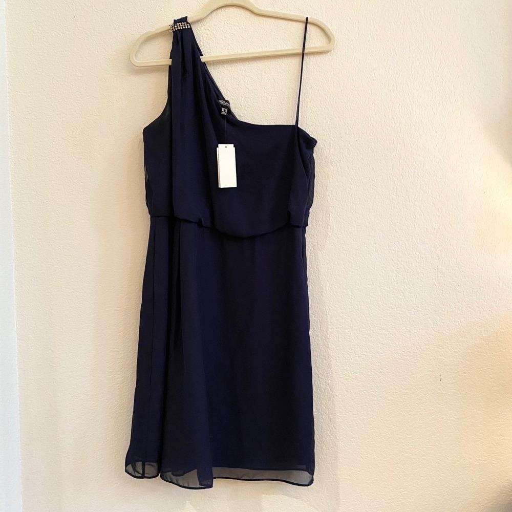Adrianna Papell Womens Size 14 Navy One Shoulder Chiffon Cocktail Dress MSRP $99
